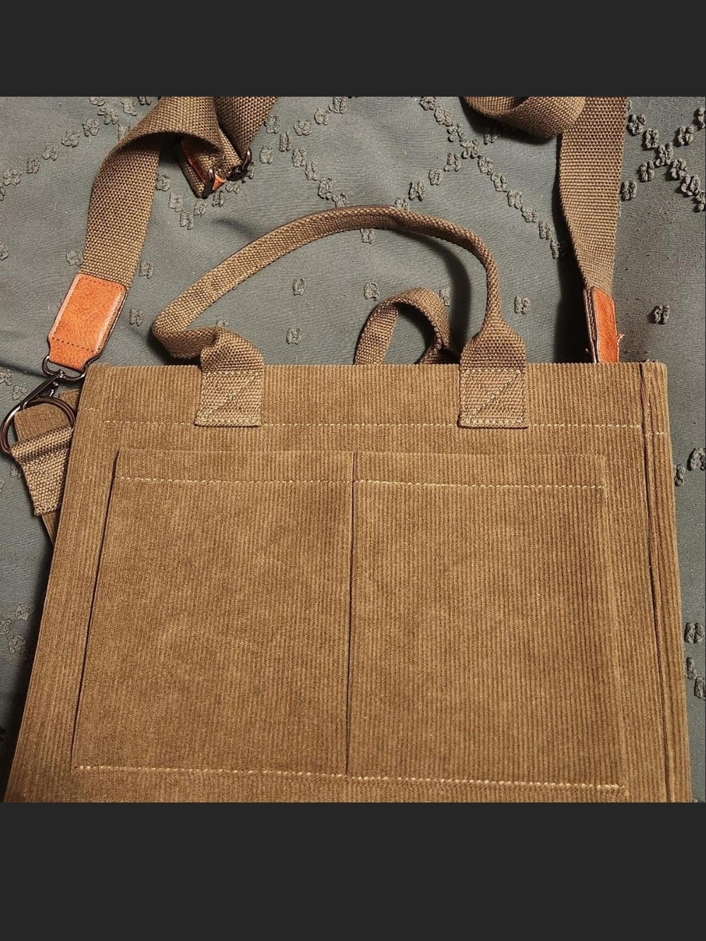 Corduroy Tote Bag Green With Crossbody Strap